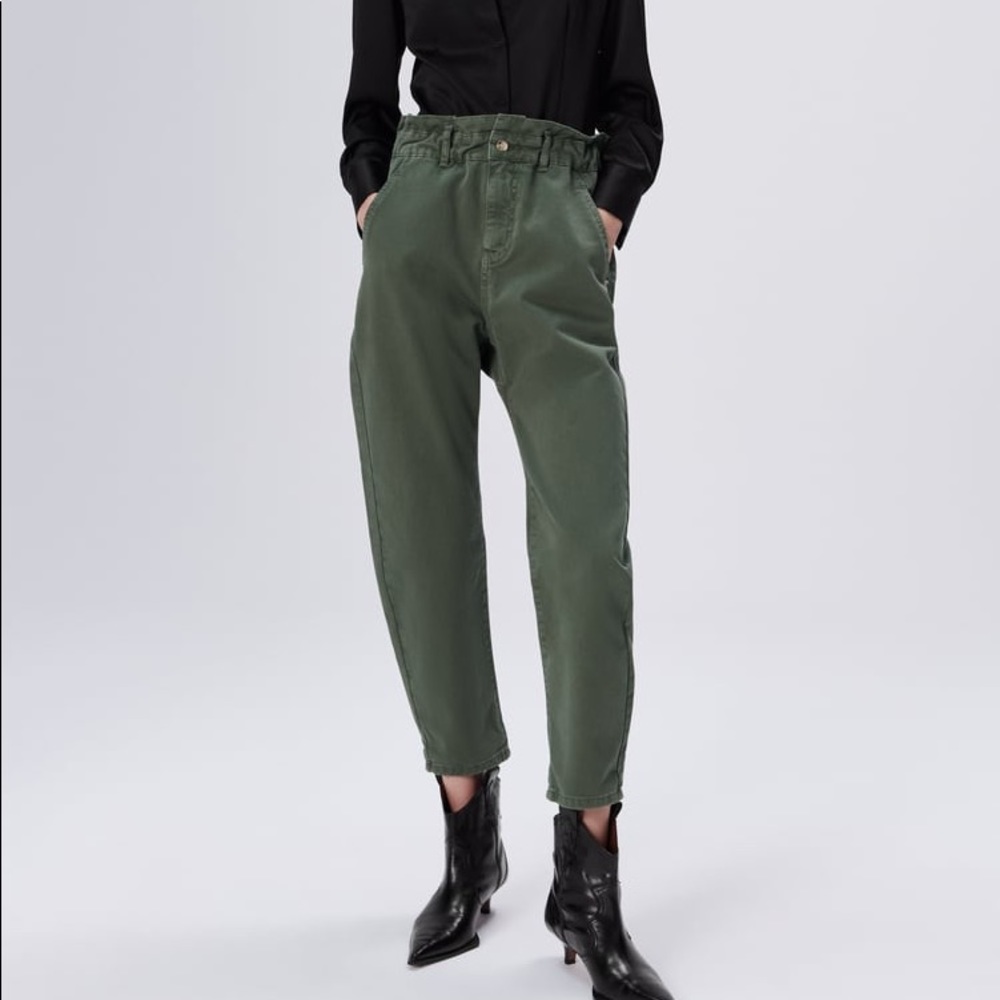 zara z1975 BAGGY PAPERBAG JEANS Green size 0 Elastic Waist